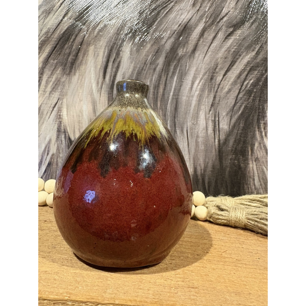 Teardrop Shaped Drip Glaze Stoneware Bud Vase Earth Tones Red Brown Speckle